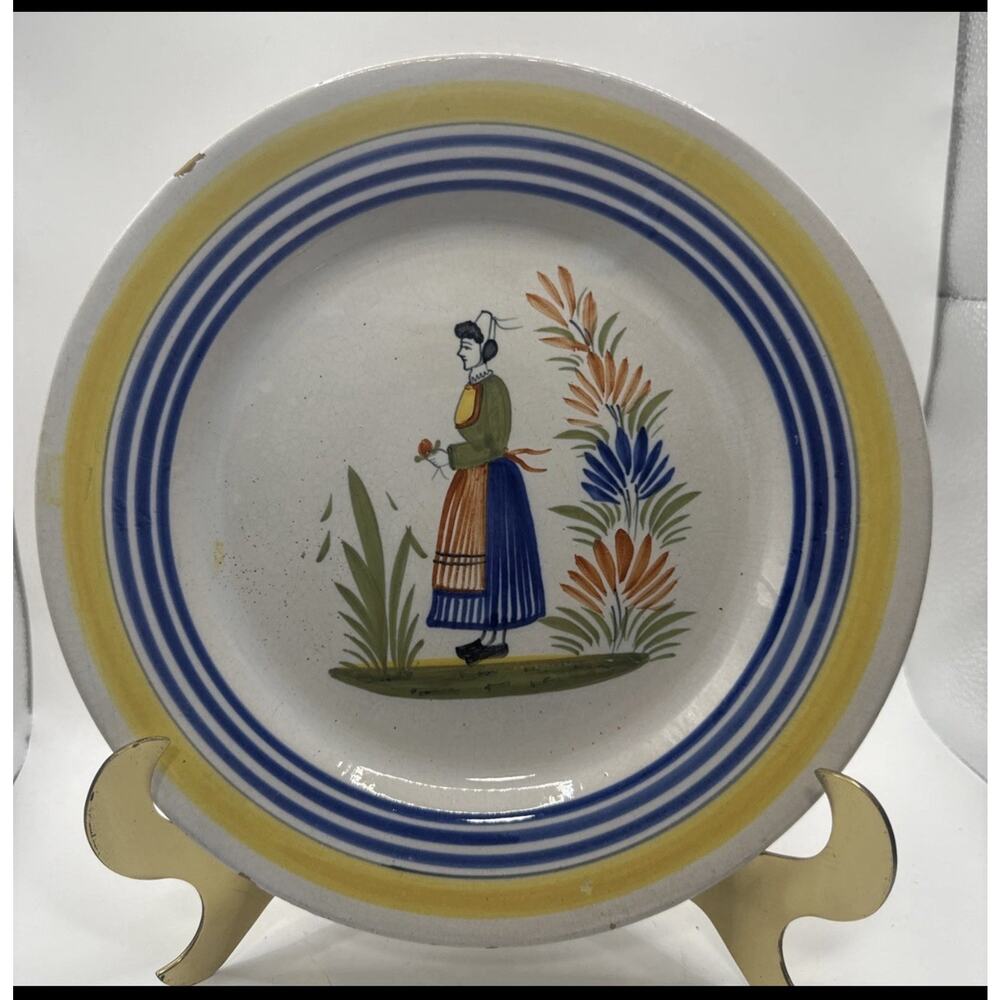 Vintage Henriot Quimper French Faience Breton Woman Floral Pottery Dish Bowl